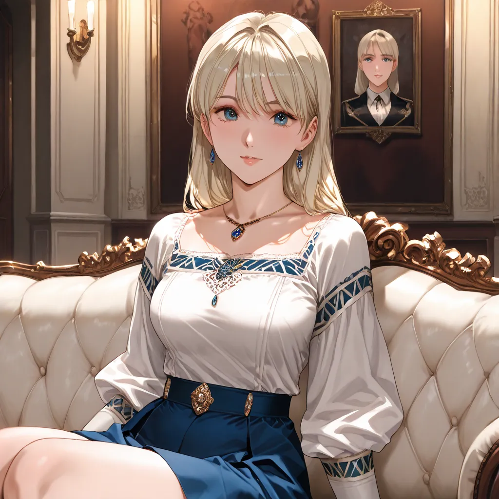 ((Top Quality)), ((masterpiece)), (details), （perfect faces）、Fiona Belli, an adult blonde with excellent proportions, is sitting on a luxurious sofa in an old castle room