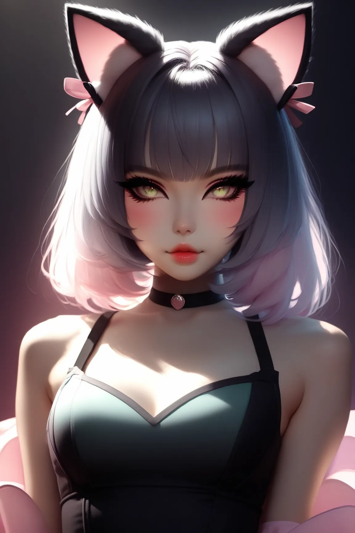 random hot and busty korean catgirl, cat ears, pastel color palette, no background, pastel background, colorful background, 