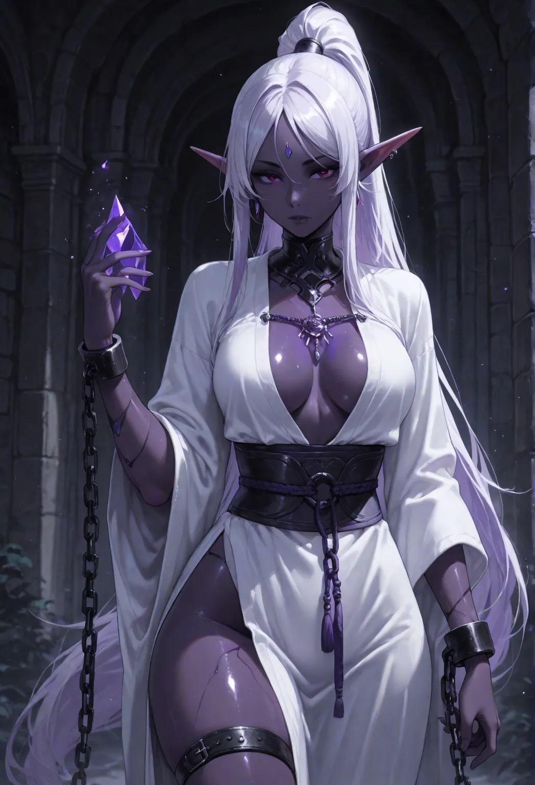 Tattered White Robe，Leg shackles，beauties，upper body，dark purple skin，obsidian skin，Drow，Elf ears，White ponytail