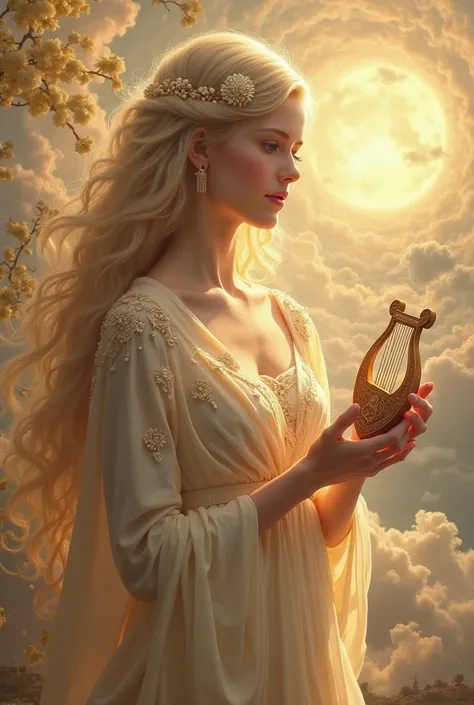 generate an image of the GODDESS OF SUNBEAMS AND LULLABIES. make her look like a MYTH goddess. she's holding a small lyre. make her pretty. MAKE HER LOOK IN FRONT. make her background more MYTH. 