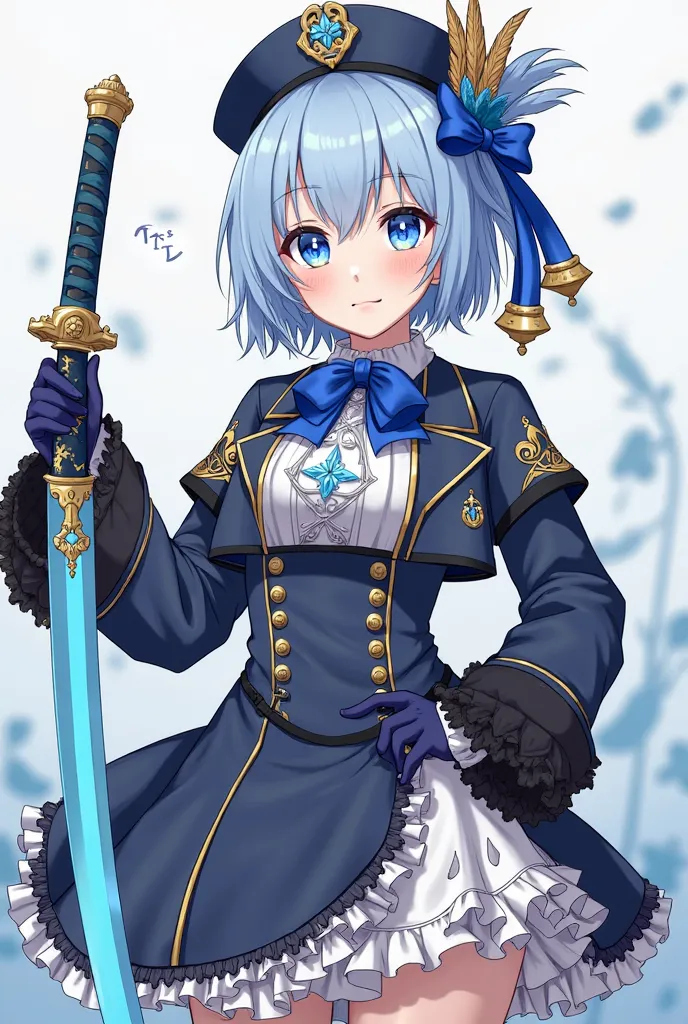 Animated image of furin, In his hands he holds a katana with a bright blue blade. with its distinctive aristocratic attire inspired by Fontaine fashion. His very light blue hair, with slightly darker tips, frames her face with a refined air, while his eyes...