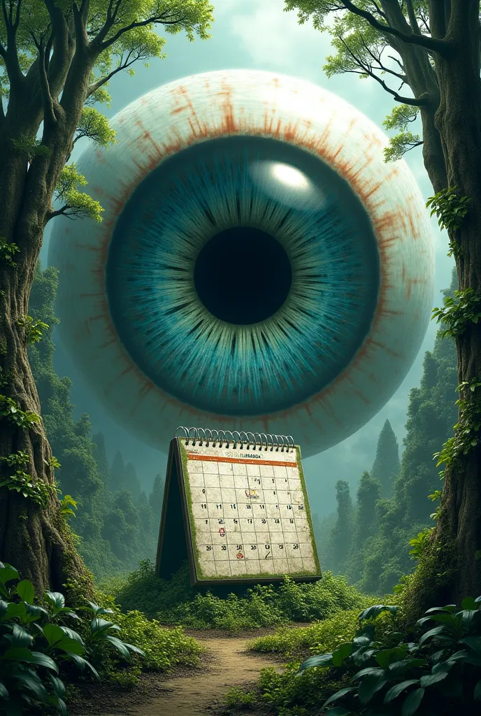 Giant eye under the eye on the calendar in the place filled with trees and green plants