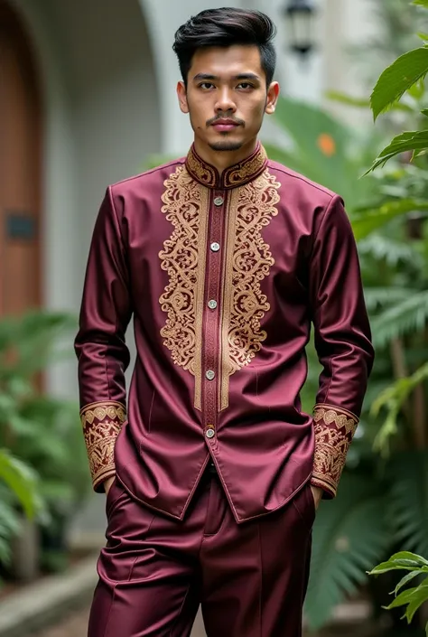 Malay man wearing traditional baju melayu posing like a model