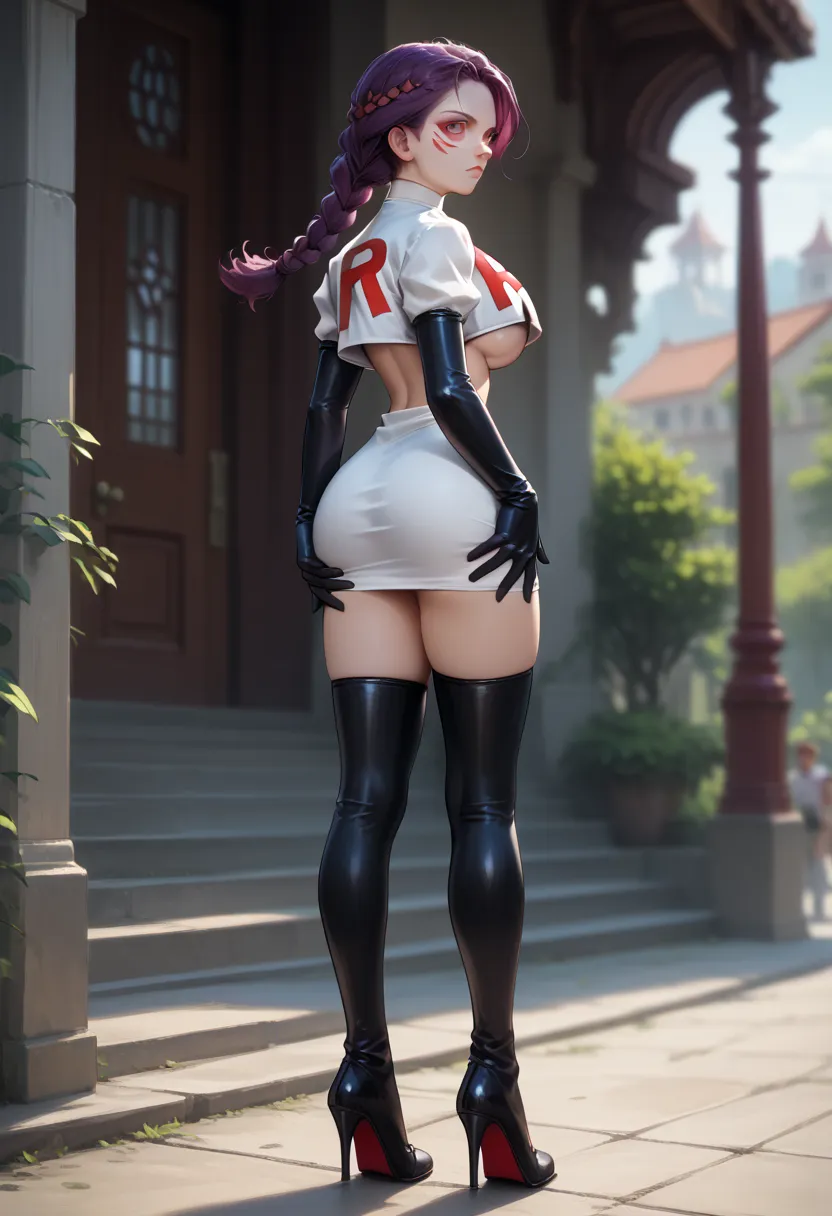 score_9, score_8_up, score_7_up, 1girl, solo, beautiful waifu, thicc, (defPetra, burgundy eyes, purple hair, braid, face mark), detailed eyes, detailed face, flirt, large breasts, Cosplay_TeamRocket, team rocket uniform, white jacket, cropped jacket, white...