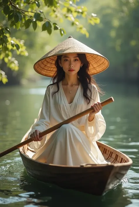 Beautiful Vietnamese Girl Rowing,she is wearing a Vietnamese leaf hat.Photos in a style as true as camera shots