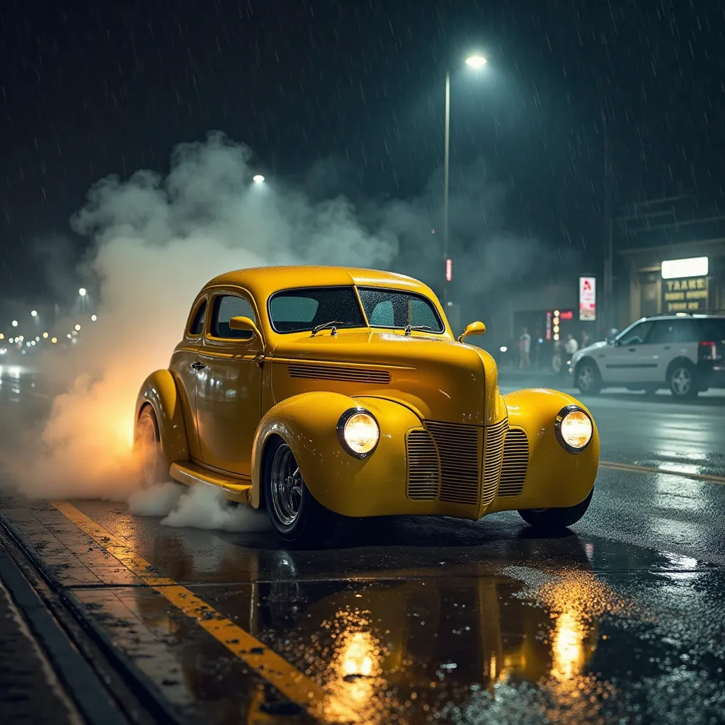 Hot rod car ruated paint customised yellow colour with stripes   front view  smoke behind it , drizzling rain and night seen 
