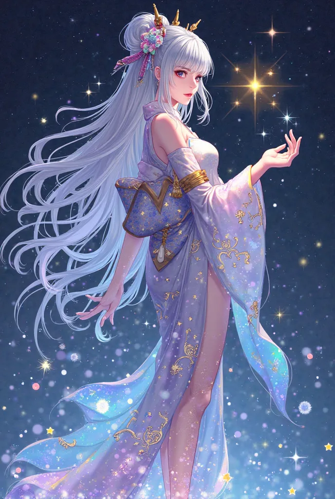 an ethereal and stylized figure, with a silhouette that combines elements of a Japanese goddess and a star Entity. Her body is adorned with patterns that resemble constellations and musical notes, that shine in vibrant colors that change according to your ...