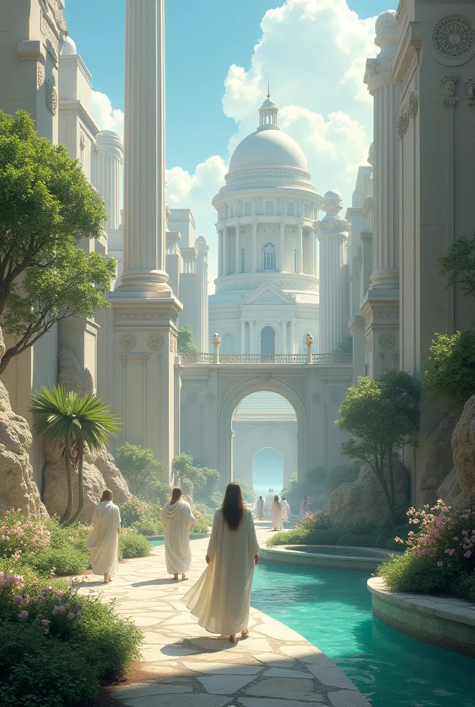 Celestial city in Rome style , with water pools , people dressed in white