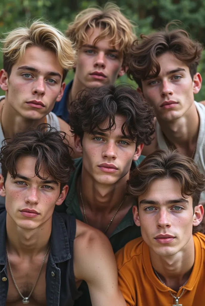 Um grupo de 7 boys, 18 years old,  pretty faces ,  super detailed , looking at the viewer, swag ,a blond, blue eyes,black hair, blue eyes, brown eyes , outro de black hair bagunçado, Another Asian,black hair , white skin, relaxed photo scene, perfect faces...