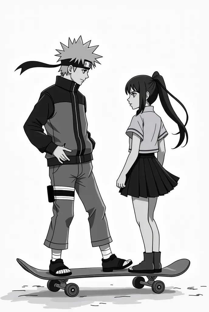 Naruto and hinata skateboarding together while listening to music and black and white image i need exactly like naruto and hinata, both want skateboarding , not like this I want black and white image , hinata look different in this I want exact hinata char...