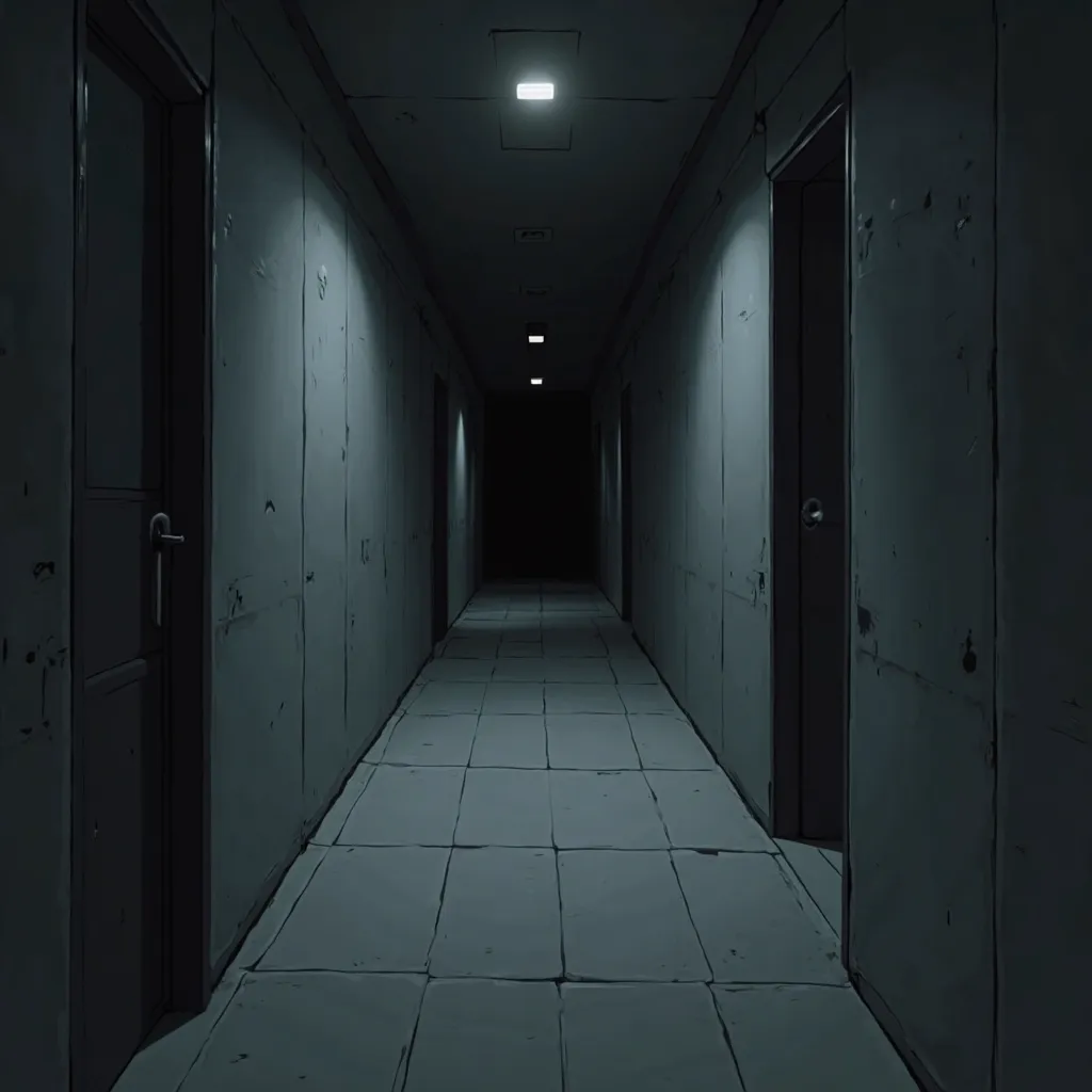 corridor, grey solid smooth walls, at the end, dark, Anime style 