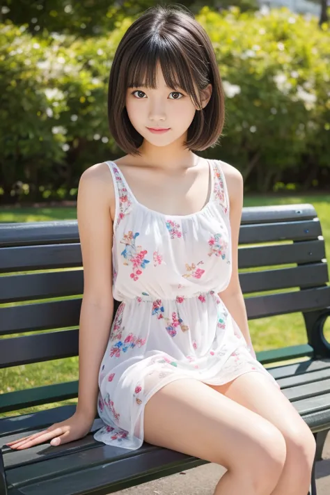 PHOTOREALISTIC, very delicate and beautiful, super detailed, (best quality, 8k, 32K, masterpiece, super high resolution:1.2), Picture of a 19-year-old cute Japanese high school student sitting on a park bench, Pretty and Clean Summer Mini See-through Dress...