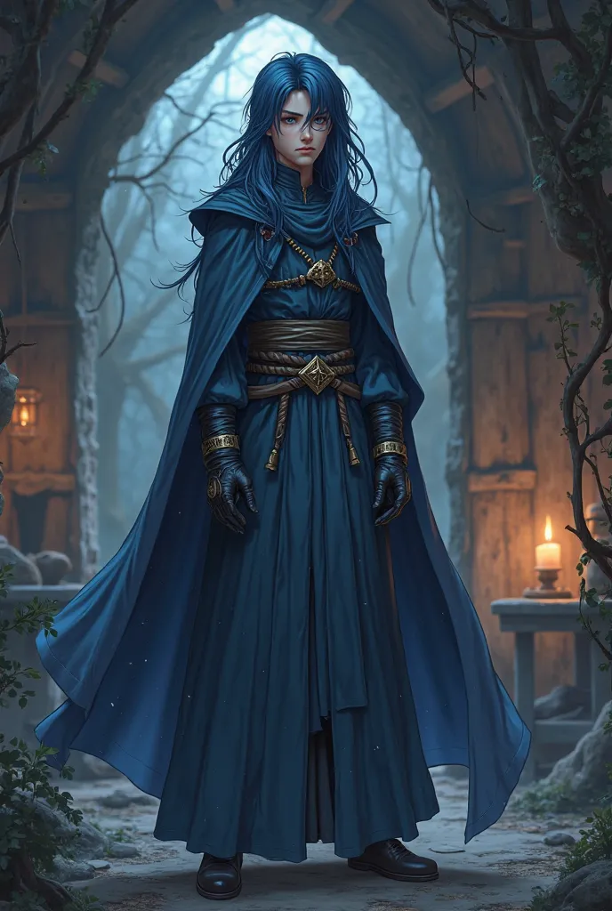  Anime Tween boy with Long Flowing Dark Blue Hair wearing Long Sleeved Magical Mage Attire with Black Leather gloves, With a Cold Stoic Expression. in an Old Magic Cabin