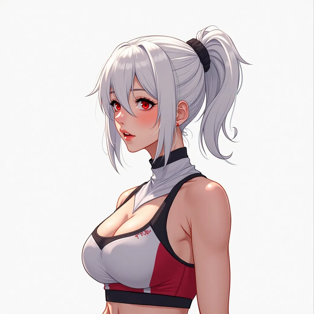 Young woman, athletic body,  big breasts, wide hips, white hair, sportswear, red eyes, anime drawing style, profile picture style