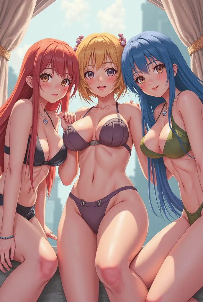 anime porn scene with three girls and two guys in a group, a pastel by Kuno Veeber, pixiv, conceptual art, rule 34, ecchi, 2b, 2 b, ikki tousen, bottom angle, ecchi anime style, top rated on pixiv, pixiv 3dcg, an orgy of colorful