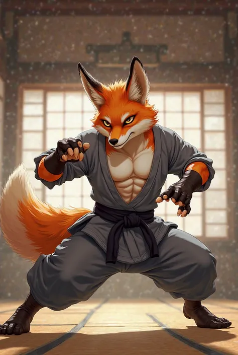 Professional realistic anime drawing of a muscular fox practicing martial arts