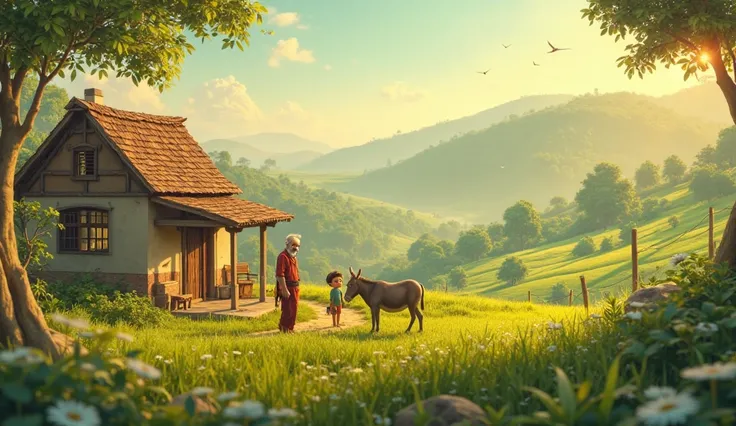 "A serene Indian village landscape with a quaint farmhouse surrounded by lush green fields. In the foreground, an old man 65 years of age and a young boy s of age are working in an animal farm, while a donkey stands nearby. The morning sunlight bathes the ...