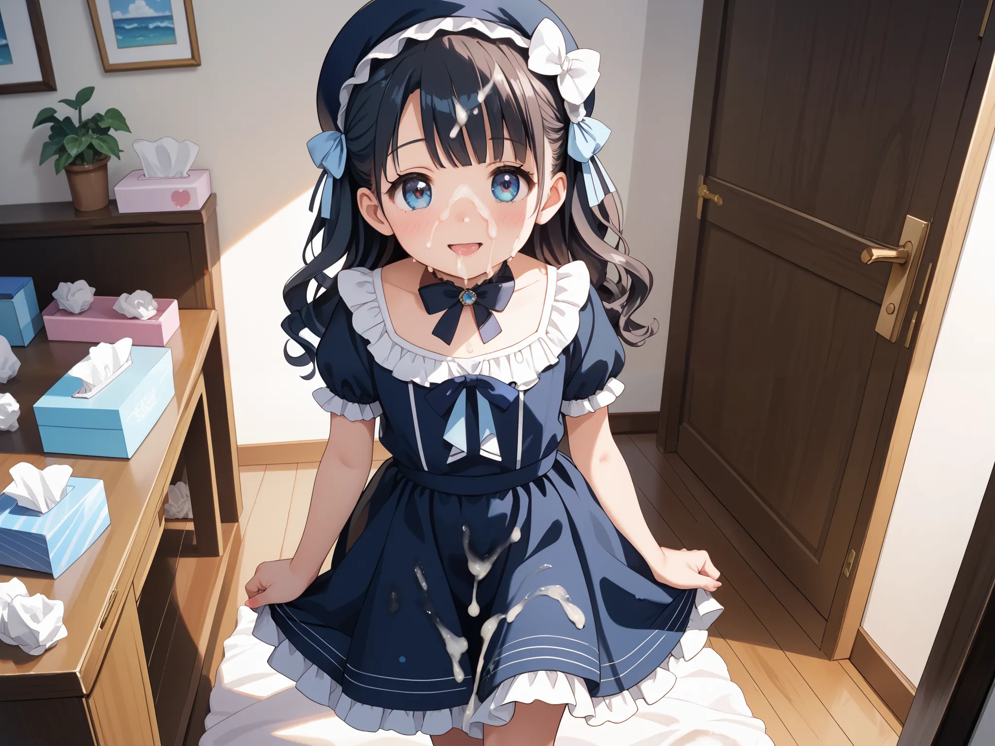 wave hair,master piece,best quality,ultra detailed,highres,panties, Japanese woman with long black wavy hair , A photorealistic anime girl render with a feminine, plump body ,  Anime Girl in a blue dress and hat, beautiful  Anime Girl,  cute anime waifu po...