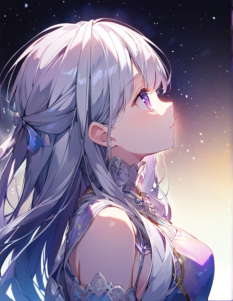  sad ,  pastel purple eyes、silver hair、The luster of the hair is rainbow , long hair,  Profile of a beautiful girl in a princess dress, Side boob is exposed 　Screentone processing　 Looking up at the moon 　Shaded painting style　　 Clear Description 
