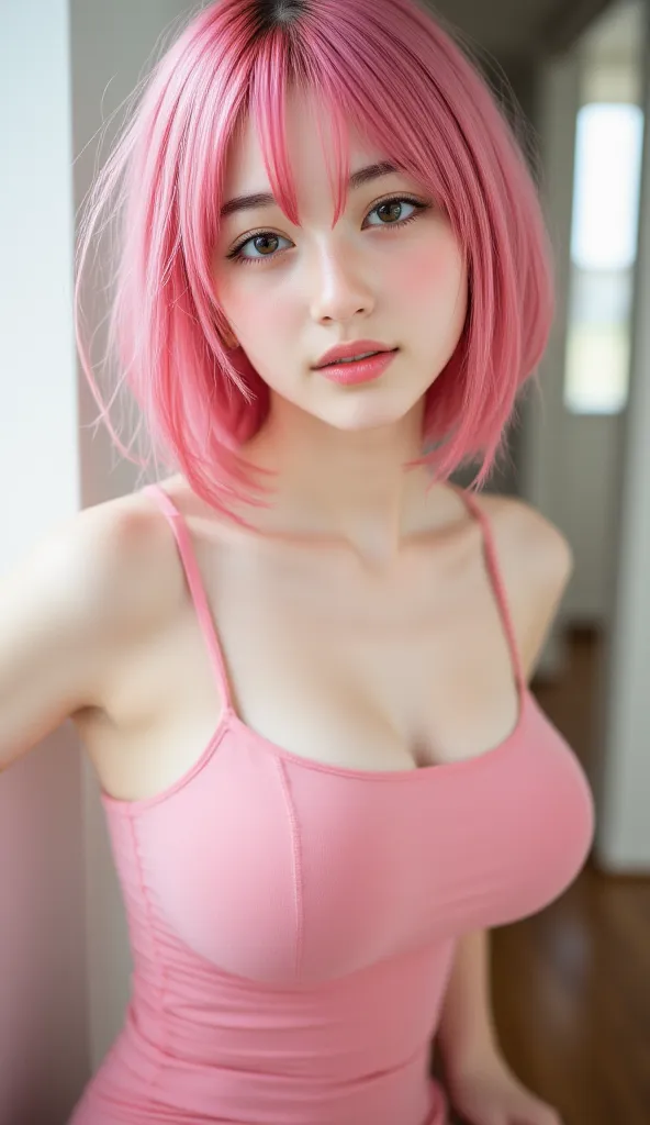 8K, masterpiece, highest quality, korea’s beautiful women, close-up, high-angle view.
Pale skin , vibrant pink Layered Bob Haircut With Shaved Sides, Shiny Hair, large eyes, small nose, full lips , smiling at viewer , pinup.
big breasts, slender body, skin...