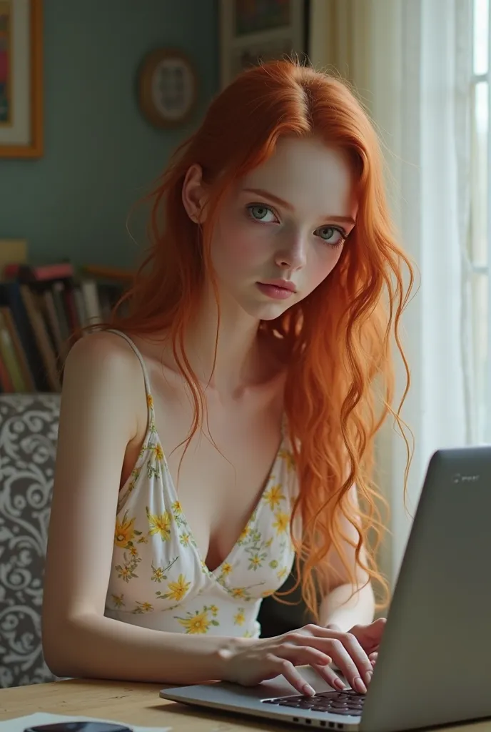 White american, sleep deprived, red hair, green eyes, slim fragile figure, ill pale look, tired, long wavy hairstyle.  , nerdy look. V neck tight white sundress with yellow flowers. Simple accesories. Sitting at her desk in her room showing the screen of h...