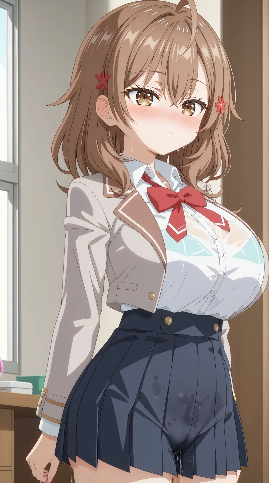 (UHD, retina, masterpiece, accurate, anatomically correct, super detail, high details,   highres,anime screencap, anime coloring:1.3)、(Maria Mikhailovna Kujou:1.3)、(medium hair, brown hair, ahoge, hair between eyes, hair ornament, brown eyes:1.3)、(very gig...