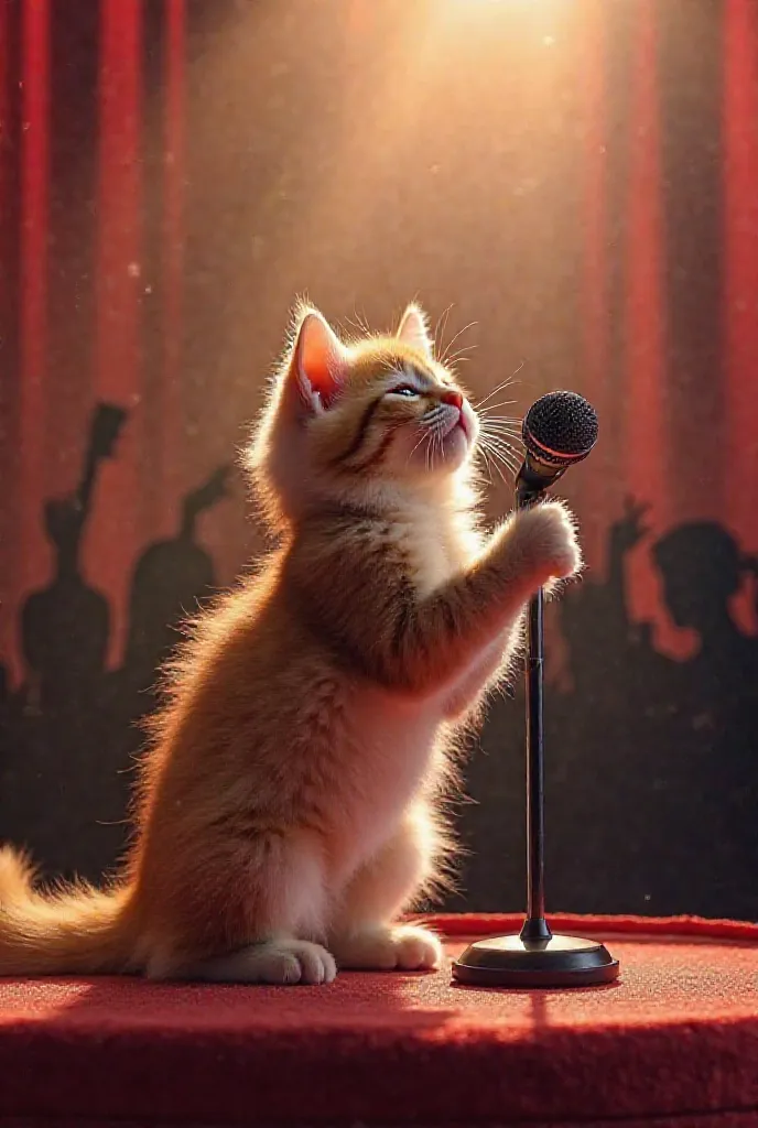 A beautiful, well-groomed kitten singing on a glamorous stage. Its fur shines softly under the spotlight as it passionately performs with its eyes closed. The kitten stands adorably next to a microphone stand, fully immersed in the moment. The background f...