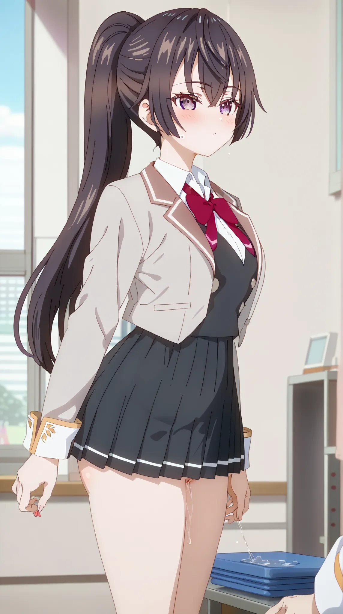 (UHD, retina, masterpiece, accurate, anatomically correct, super detail, high details,   highres,anime screencap, anime coloring:1.3)、(suou yuki:1.3)、(long hair, bangs, brown hair, black hair, hair between eyes, purple eyes, high ponytail:1.3)、(very gigant...