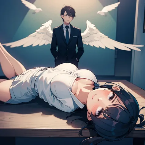 The soul of the office lady leaves her body and rises to heaven. She has angel wings on her back and a sad expression. The background is fluffy clouds.