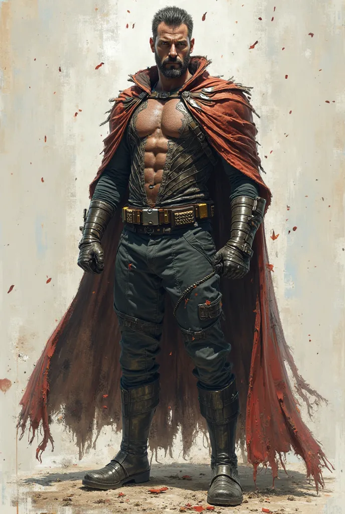 Male superhero with a suit consisting on an open half coat covering his shoulders and back but exposing his chest, a long cape of feathers falling from it, a metal like subligar, a harness strapped on his chest, short leather boots and torn textiles surrou...