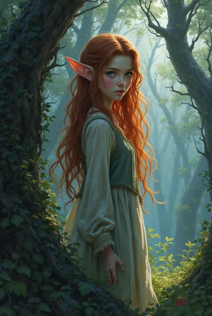 Page 2: (Image: A young elf girl with auburn hair and bright blue eyes, standing at the edge of a darkened forest.) Elowen, a young elf, loved the forest, but now it was shrouded in darkness