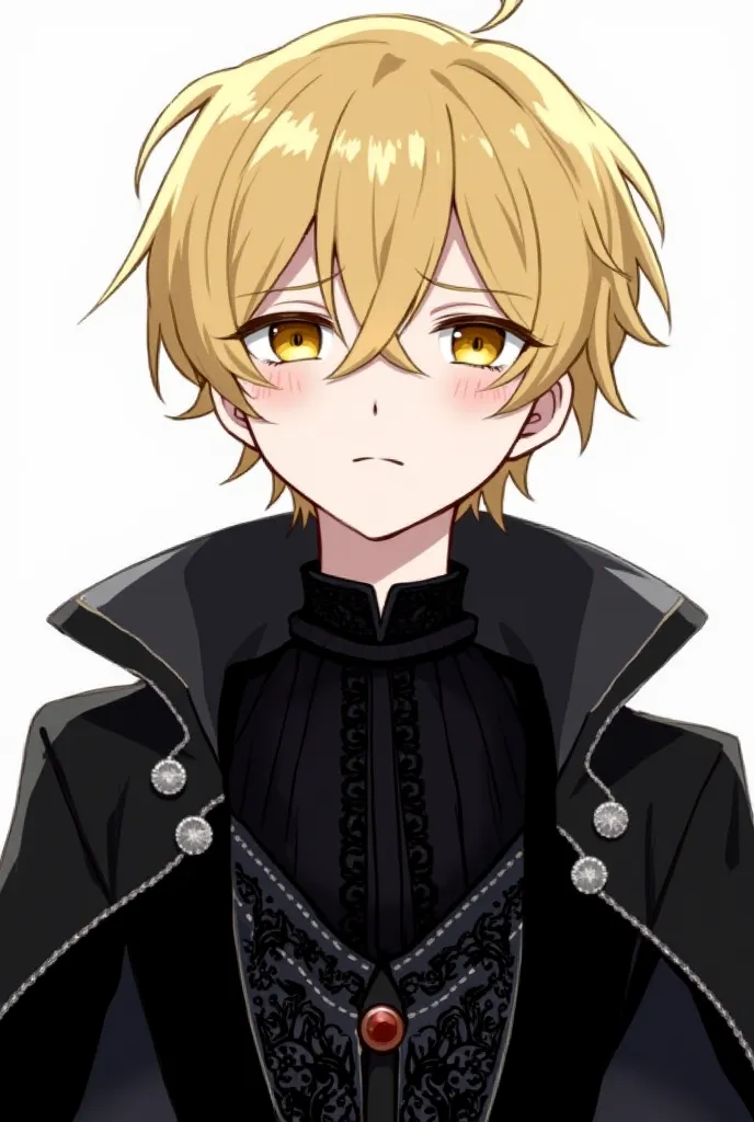 A male character with short, messy, blonde hair and striking golden eyes. His expression is neutral, neither too sad nor too serious. He has a fair complexion with a subtle blush on his cheeks and a small beauty mark near his eye. He is dressed in gothic-s...