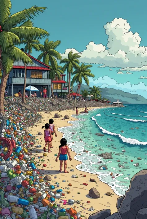 Make a comic strip about Davao beaches highly polluted cartoon style