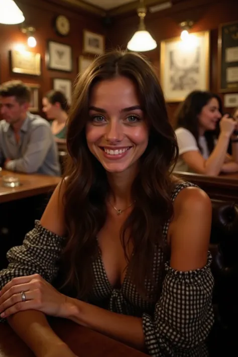 An amateur Instagram-style picture of a 20-year-old woman with long dark brown hair and striking blue eyes enjoying a night out at a traditional London pub. She is dressed in a stylish yet relaxed evening outfit, such as a chic dress or a fashionable top w...