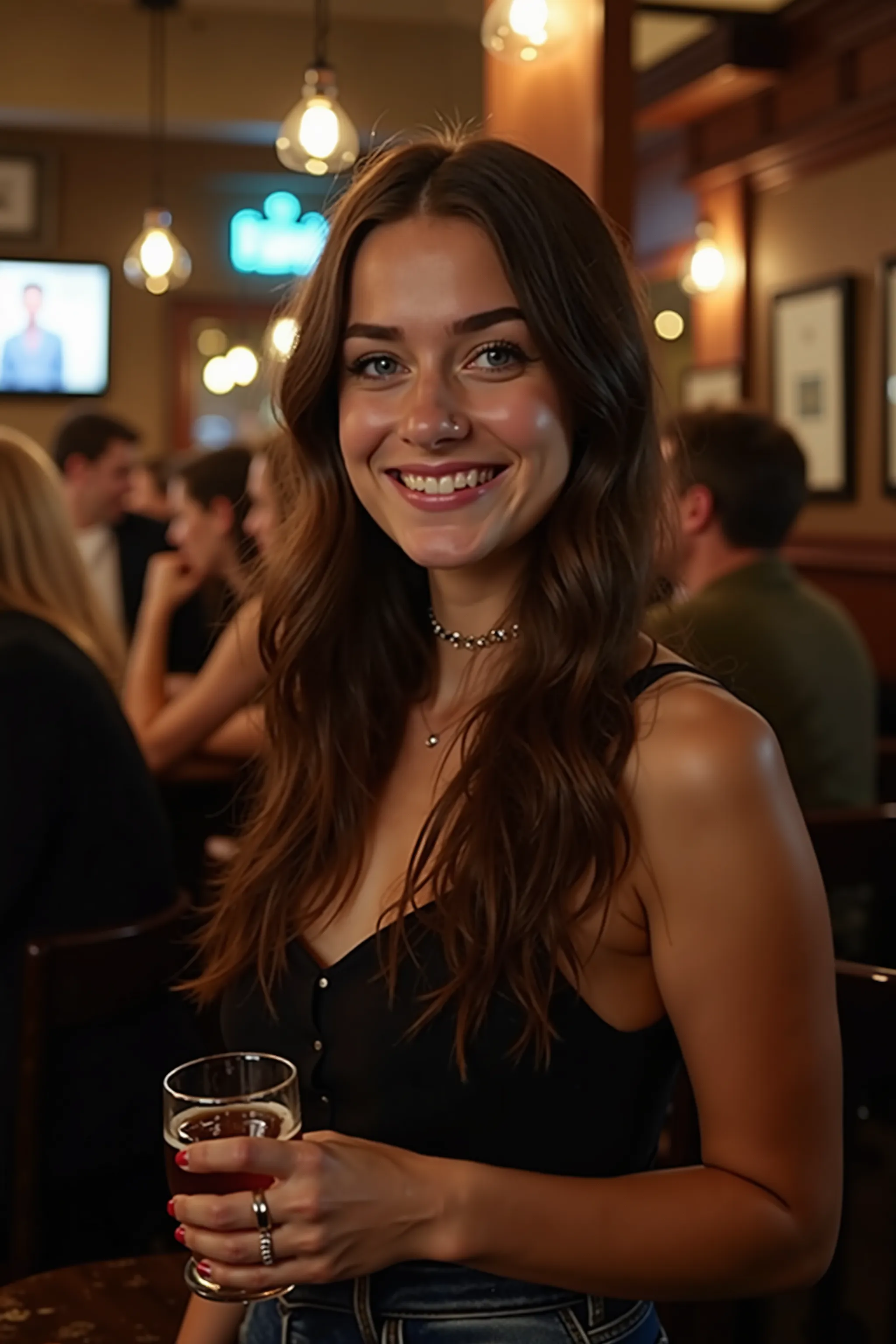 An amateur Instagram-style picture of a 20-year-old woman with long dark brown hair and striking blue eyes enjoying a night out at a traditional London pub. She is dressed in a stylish yet relaxed evening outfit, such as a chic dress or a fashionable top w...