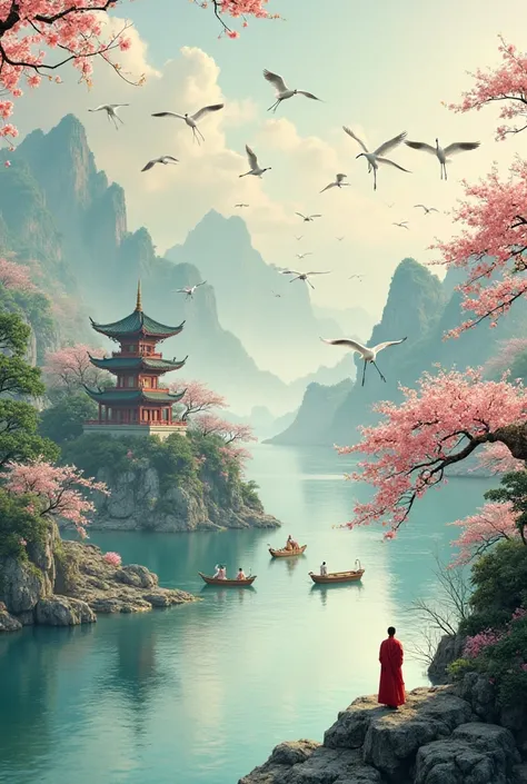 

Ancient China, are flying in the sky, a majestic pagoda with mountains, covered with green trees, Calm River, along which traditional Chinese boats sail, cranes are flying in the sky. Monks in traditional clothes, meditating cranes, as well as bright flo...