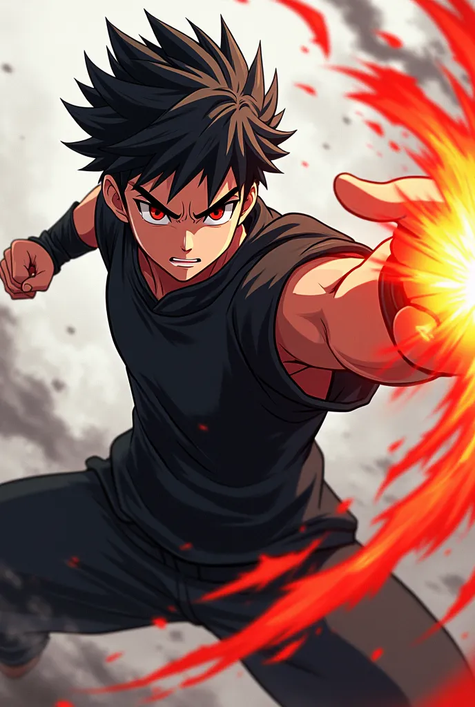 Black-haired and red-eyed anime male character,with black sportswear giving a right hook