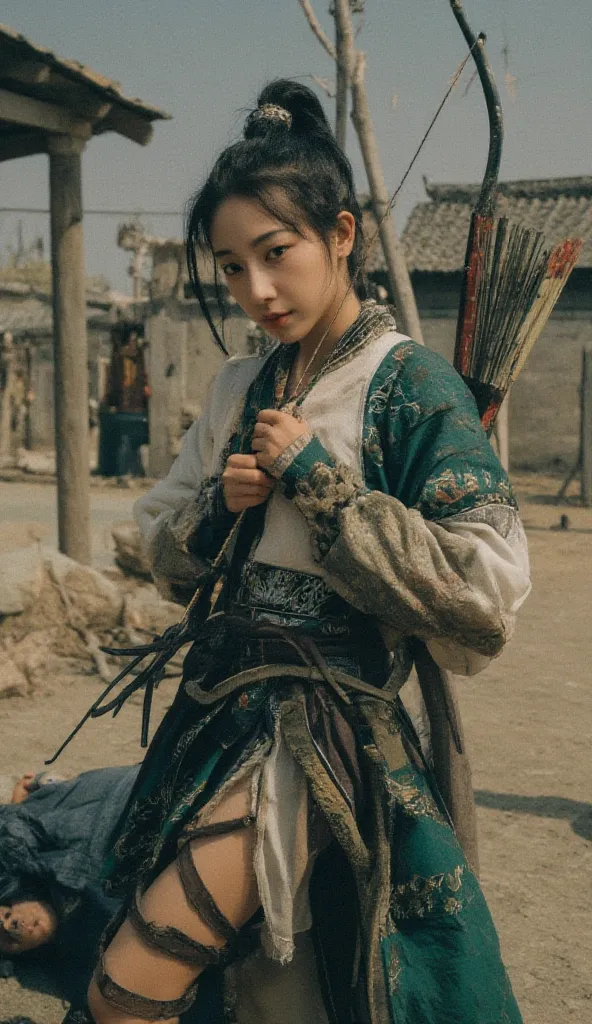 a skinny Chinese girl at war， expression is cool，Handheld Longbow Standing Archery Attack Enemy，wearing a Tang Dynasty Hanseatic costume，Severely damaged clothes ，to reveal your chest，NO NIPPLES，45-degree angle，The character does not look at the camera，The...