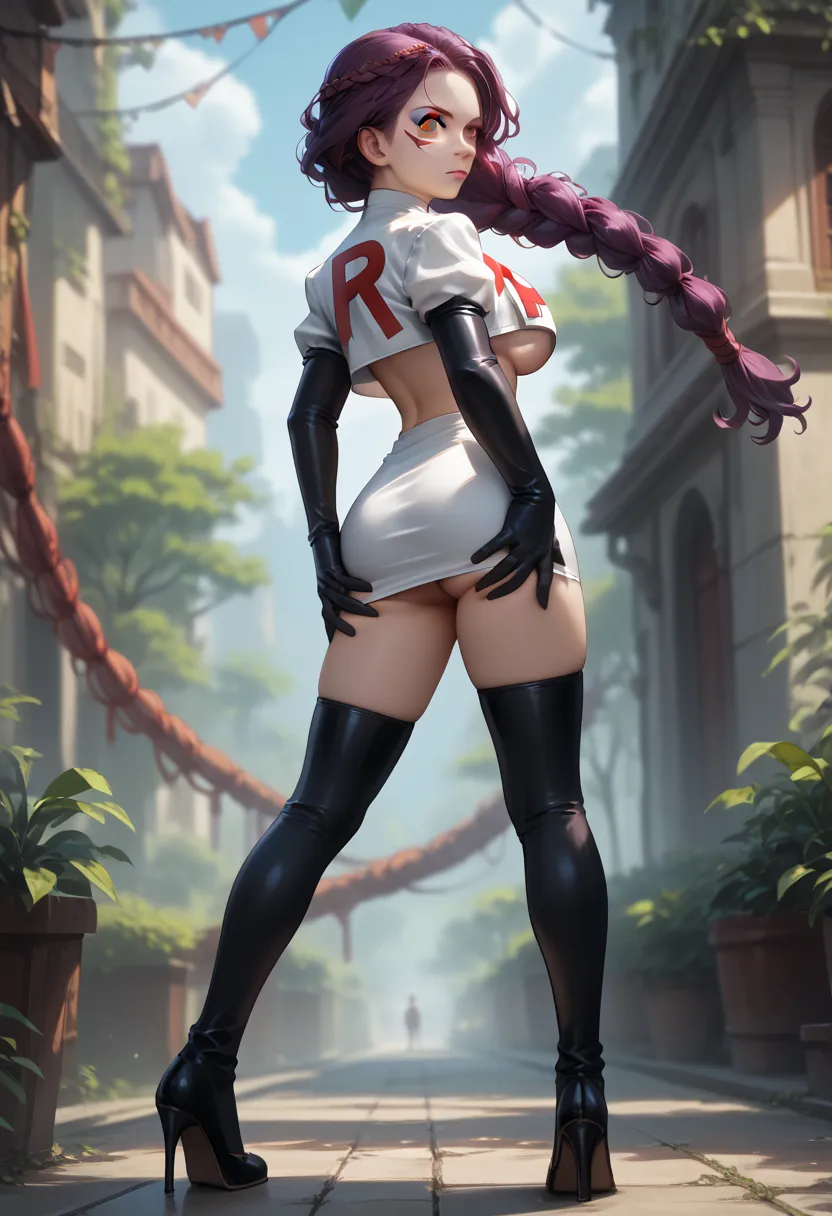 score_9, score_8_up, score_7_up, 1girl, solo, beautiful waifu, thicc, (defPetra, burgundy eyes, purple hair, braid, facial mark, dark skin), detailed eyes, detailed face, flirt, large breasts, Cosplay_TeamRocket, team rocket uniform, white jacket, cropped ...