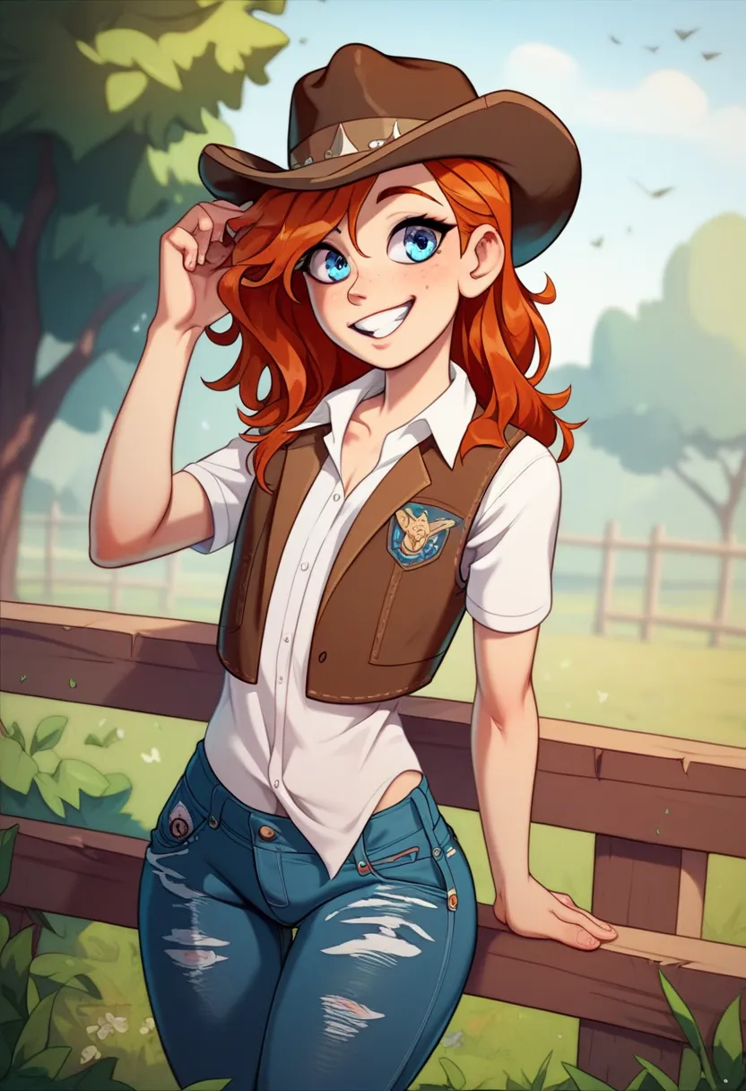 Masterpiece, femboy, cute, soft body, redhead, messy chogo, blue eyes, flirtatious smile, slim and feminine body, thick thighs, flat chest, cowboy hat, shorts jeans, white shirt, cowboy vest, Texan buckle