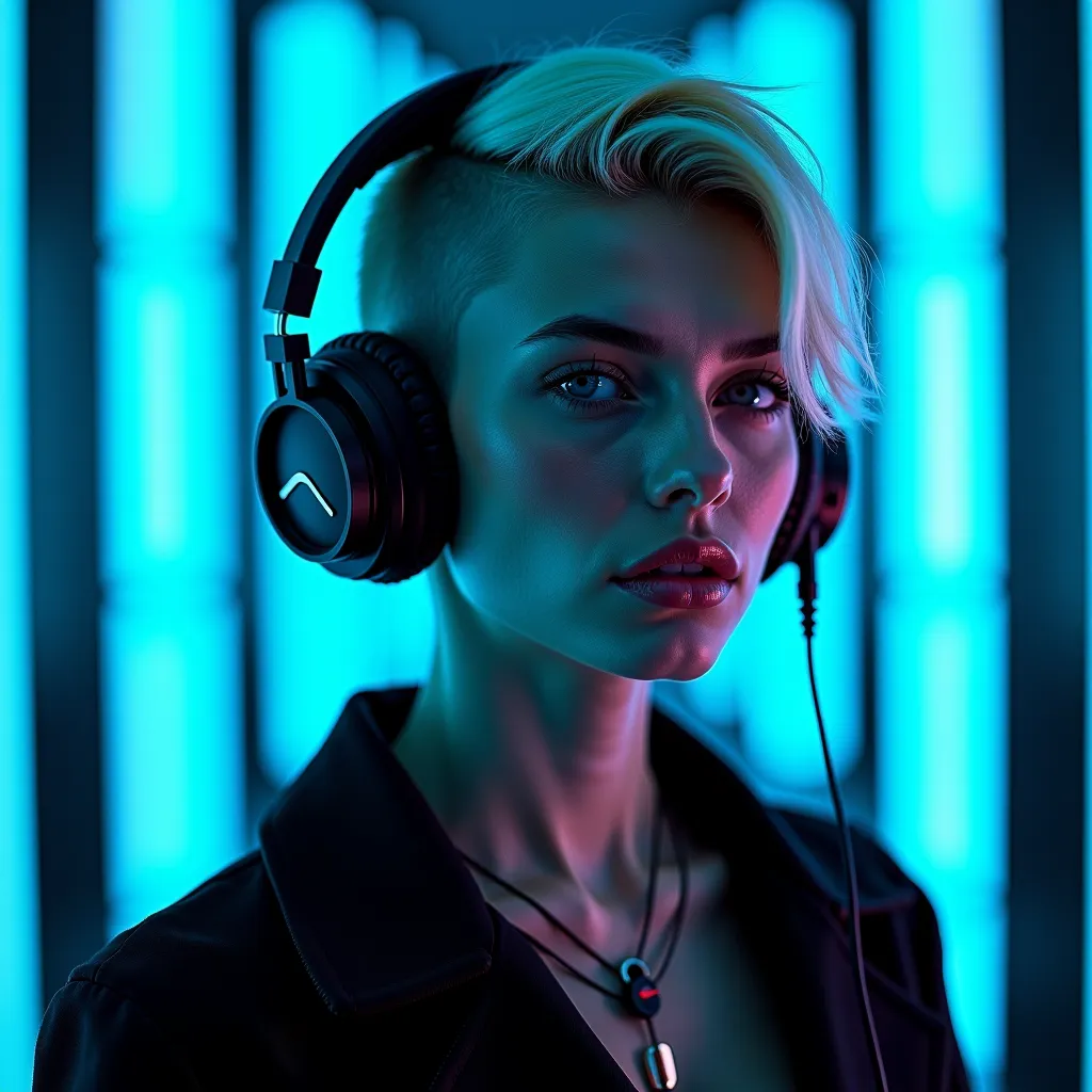 Bioluminescent masterpiece,Awarded Photo, extremely detailed, neon, cyberpunk style, , Russian model with blonde hair and curves .  with headphones . big .her noses are usually straight or slightly pointed, and often have large, expressive eyes. The forehe...