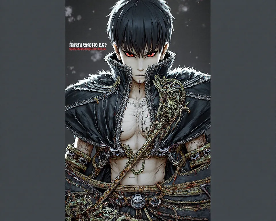 Anime style full body picture a boy s with the wolf face.wolf chest and triceps.big muscles.black wolfhaircut .white skin. red eyes .wearing Long black old fur coat.