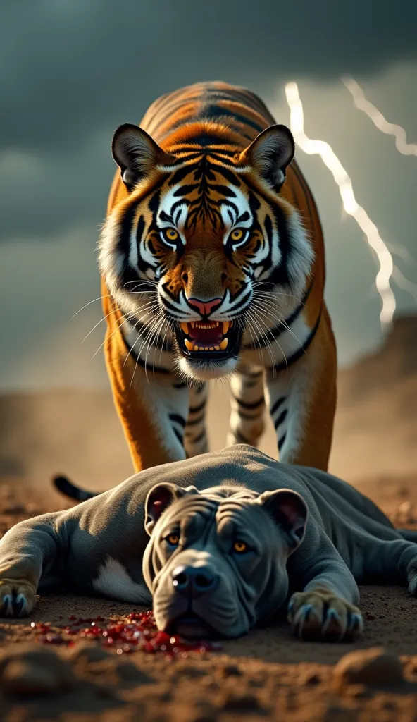 "A hyper-realistic, cinematic shot of a massive, furious Bengal tiger standing over a wounded pit bull lying on the ground. The tiger’s intense amber eyes burn with rage, its ears slightly pulled back, and its powerful muscles tensed. Its sharp claws are p...