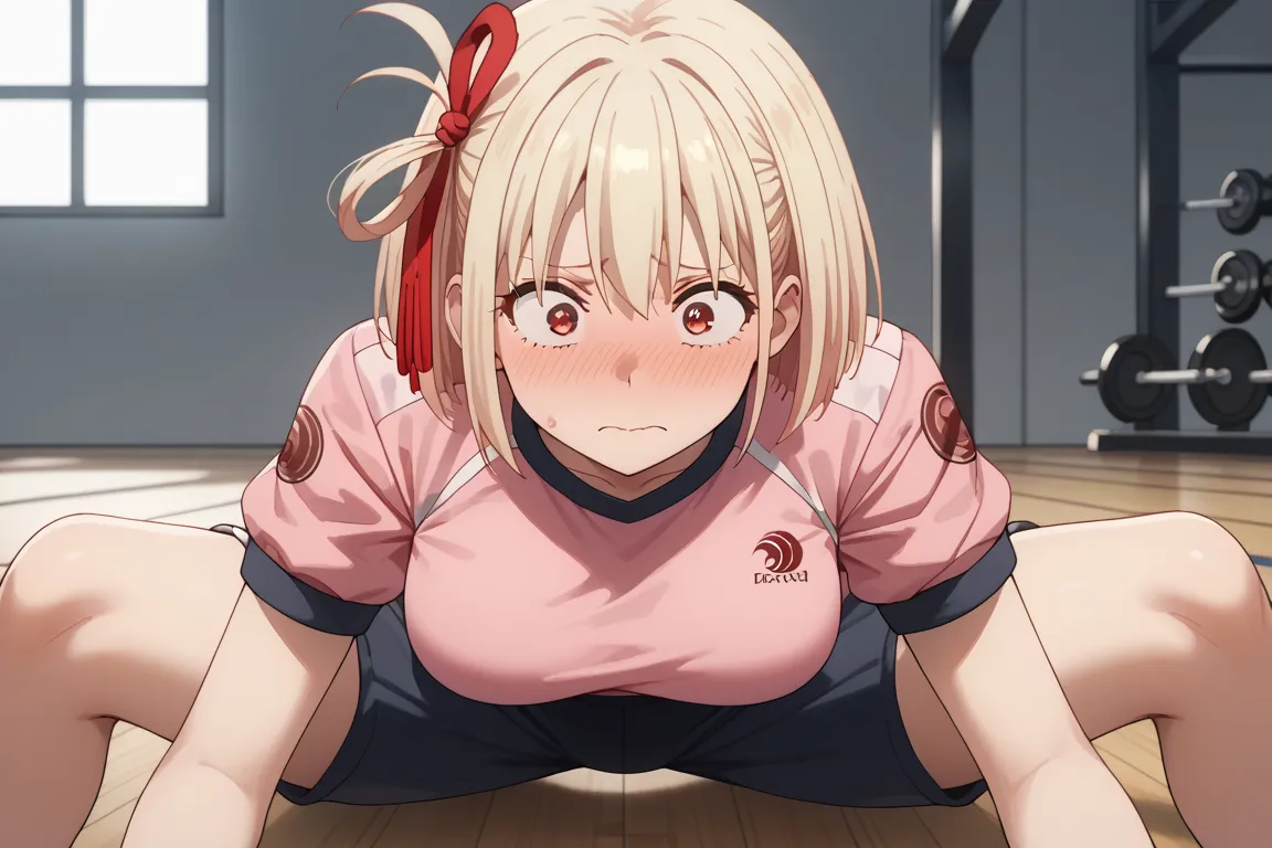 chisato nishikigi, short hair, bangs, blonde hair, red eyes, hair ribbon, one side up, bob cut, large breasts, (gym uniform:1.2), pink uniform, long pants, blush, embarrassed, narrow eyes, (spread legs wide:1.3), (breasts press:1.3), breast on floor, leani...