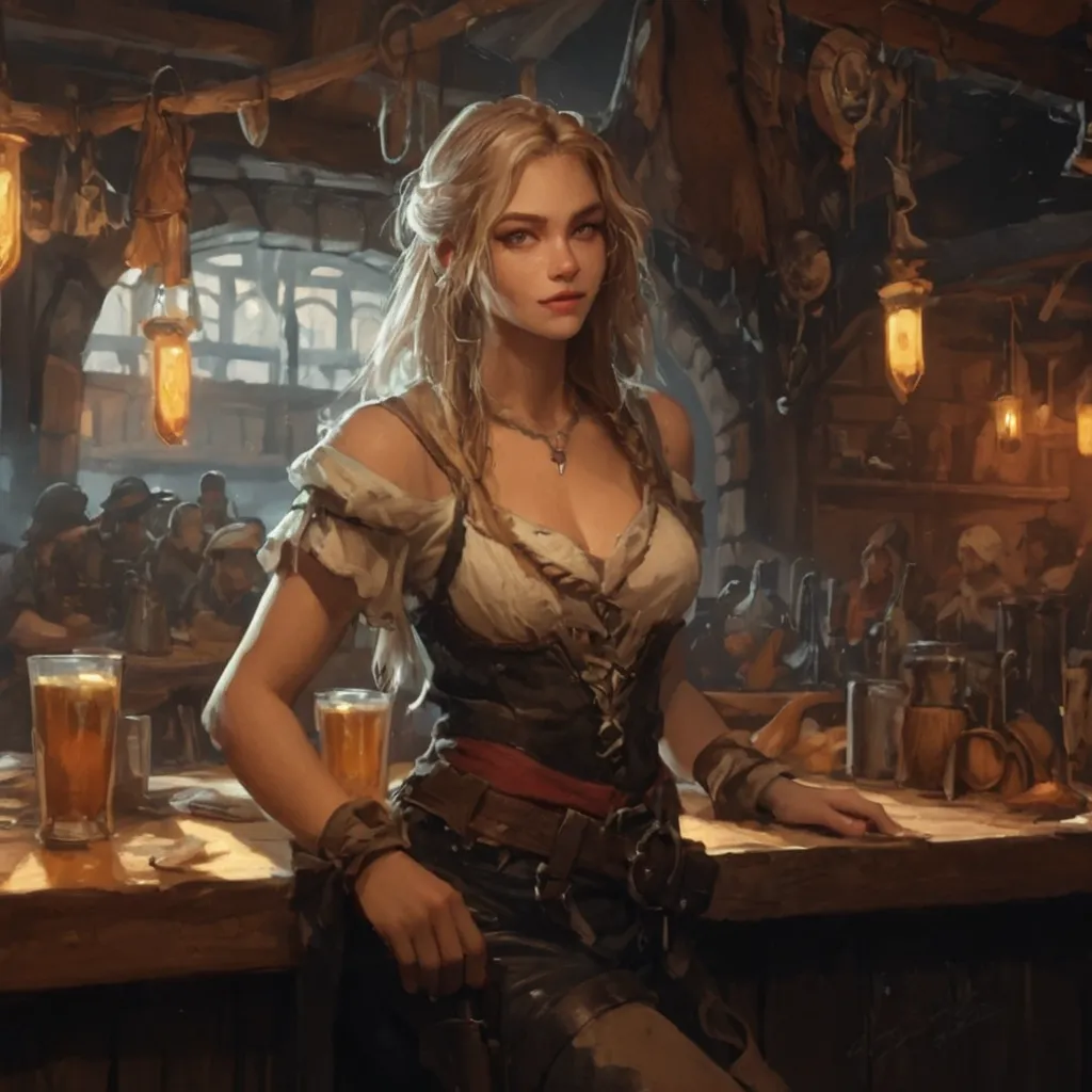 This image depicts a half-body medieval fantasy 28 years old female dhampir. Dungeons and dragons' rogue standing inside a full tavern. She has long, flowing ginger hair and wears a rugged outfit consisting of a loose white shirt, black leather pants, and ...