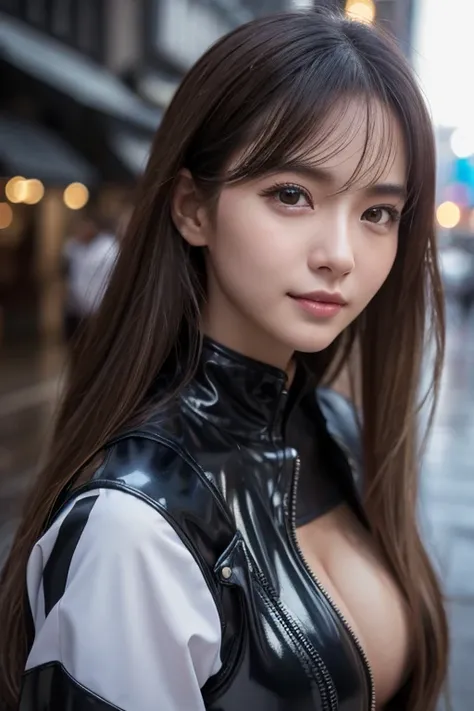 Girl on the street,  Knight , It rains,  Cyberpunk city background , Rainy Street,  like a movie, bodysuit,  Black Gloves , Reika Ganz, Down, Thighs,  black latex sleeve,  black long hair,  leg strap , Beautiful Face, Beautiful Lips,  style,  high quality,...