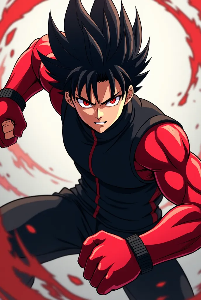 Black-haired and red-eyed anime male character,with black sportswear giving a circular left hook downwards