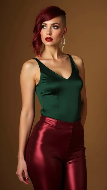 a stunning Caucasian woman with a striking feature, sporting high-waisted, rich burgundy silk leggings that accentuate her voluptuous, curvy figure, particularly her wide hips; wearing a deep green, fitted top that brings out the radiant tone of her smooth...