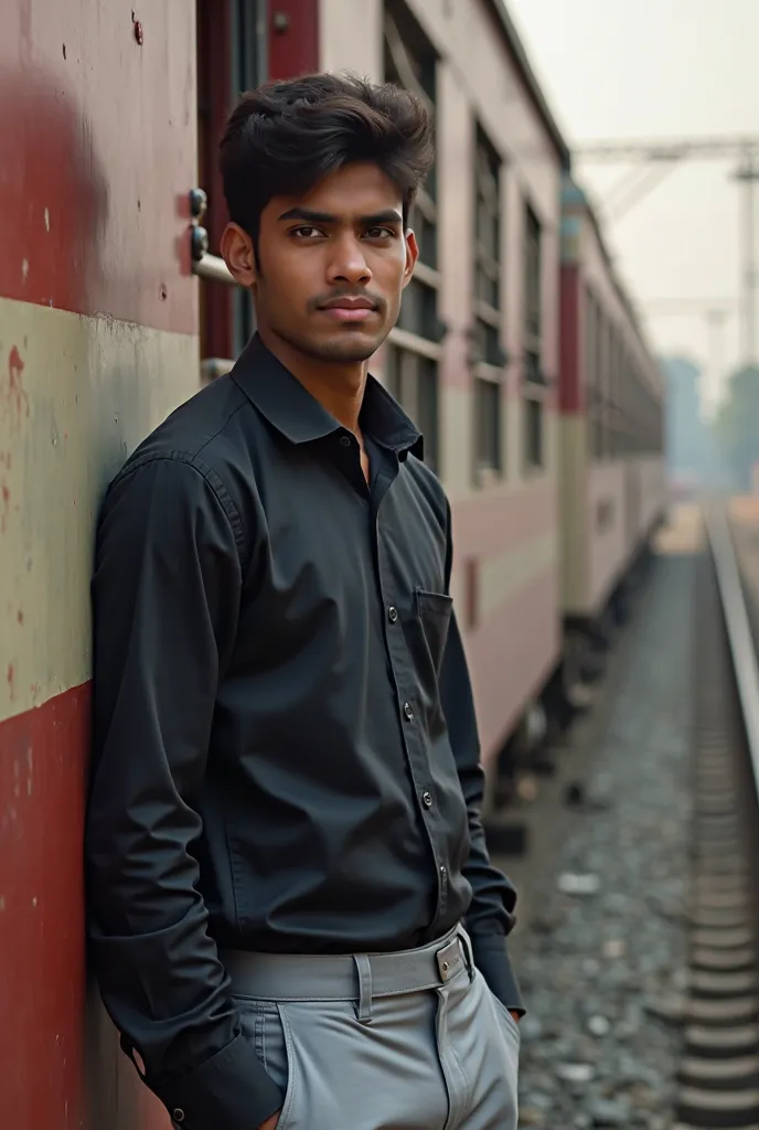 A 20 year old Indian boy standing at the side Indian railways locomotive wab7 the boy show front face to the train and he wearing black formal shirt and silver formal pant with jalcy boot shoes clothes and handsome the boy name is sunny and he love the tra...