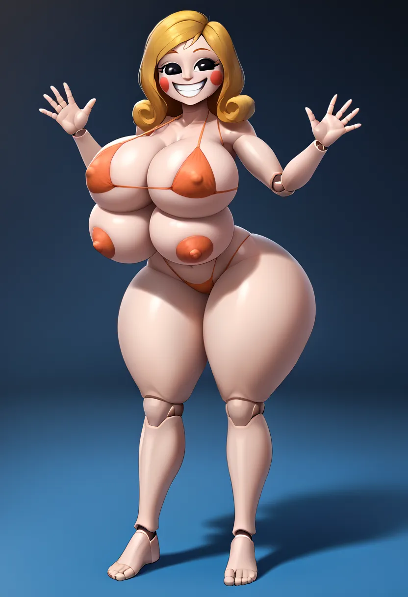 1girl, solo, long hair, blonde hair, narrow waist, waving, facepaint, joints, doll, android, joints, doll joints, black eyes, smile, grin, blush stickers,full-body shot blush Big breasts Huge breasts Gigantic breasts breast enlargement Smile bikini